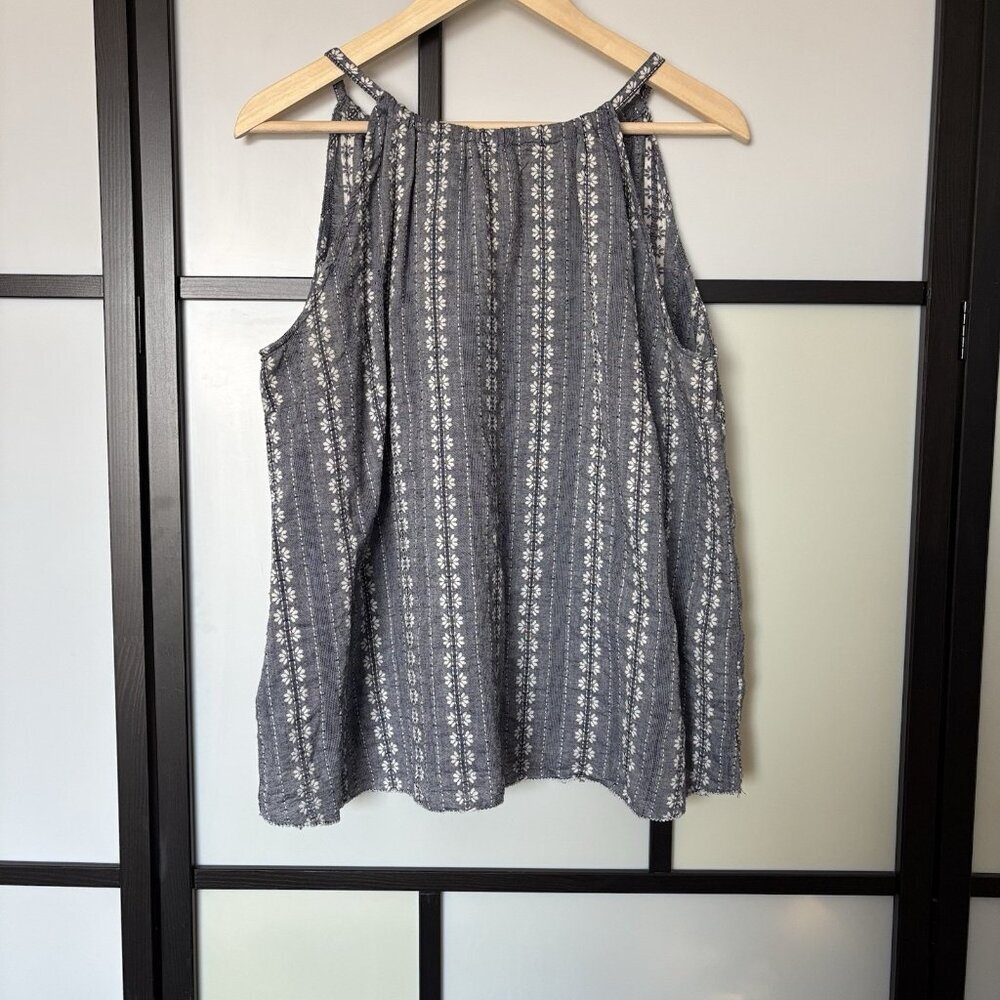Altard State Gray Sleeveless Boho Blouse Top Blue Cream Size Large Tassel Resort